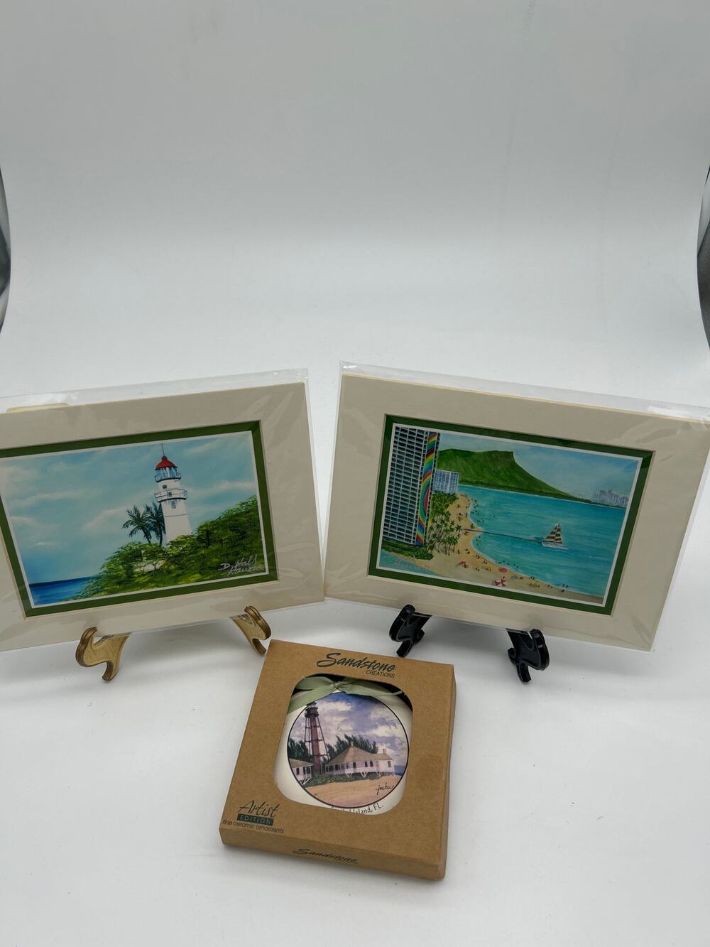 Lot of 3 Hawaii Art Prints Donald K Hall + Sandstone Sanibel Ornament Lighthouse